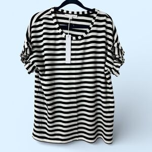 Jane + Delancey Black And White Striped Top With Ruffle Sleeves Size L NEW
